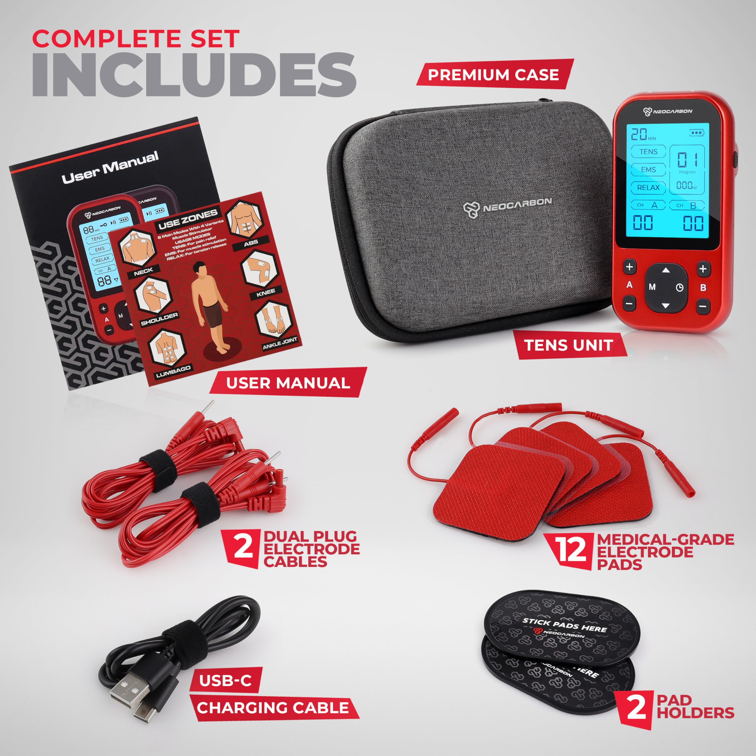 NEOCARBON TENS Unit Muscle Stimulator Pro for Back Pain Relief, Shoulder Recovery and Physical Therapy, Electronic EMS Massager Machine with PMS Pulse for Effective Shock Therapy, Red