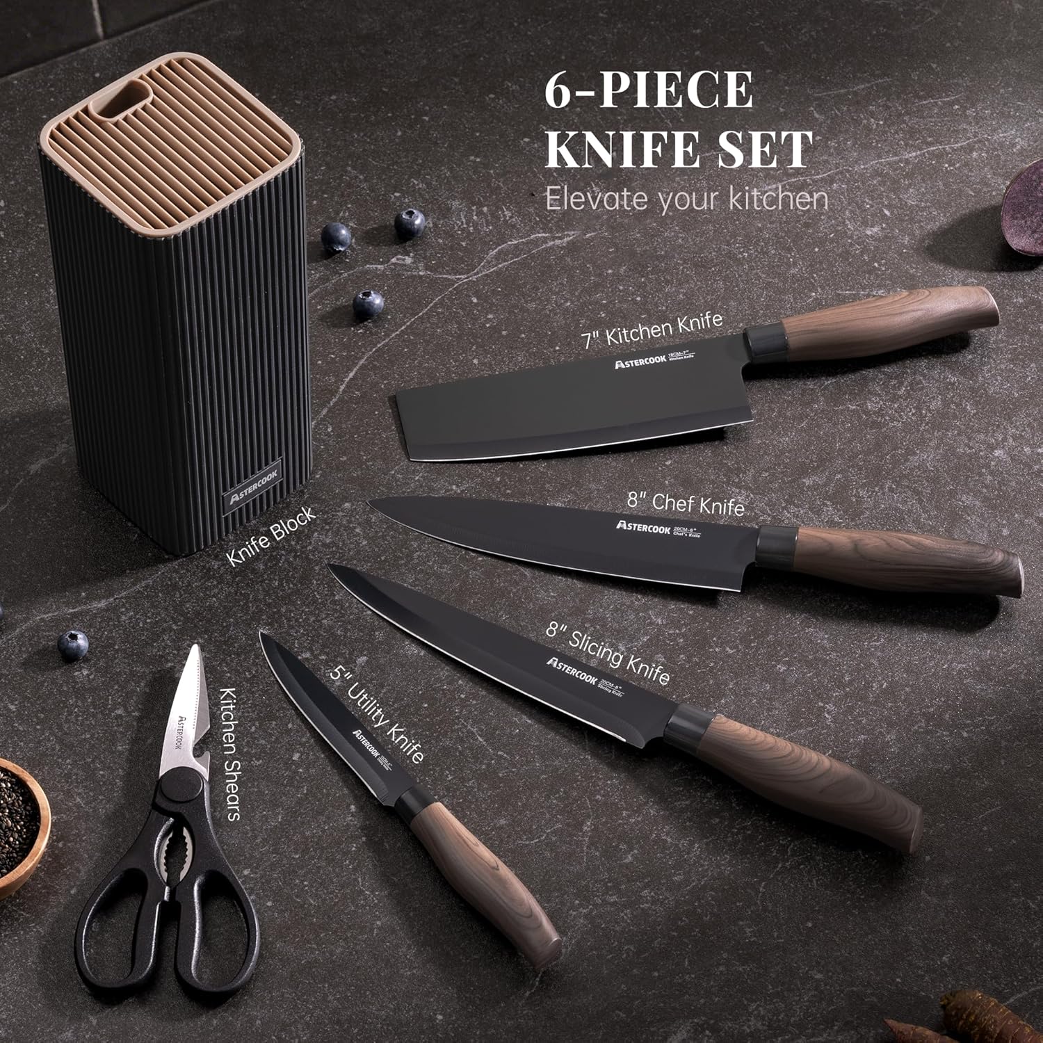 Astercook Knife Set, 6-Piece Kitchen Knife Set with Block, High Carbon Stainless Steel Ultra Sharp Kitchen Knives, Wood Grain Handle, Dishwasher Safe Knife Block Set, Black, Mothers Day Gifts