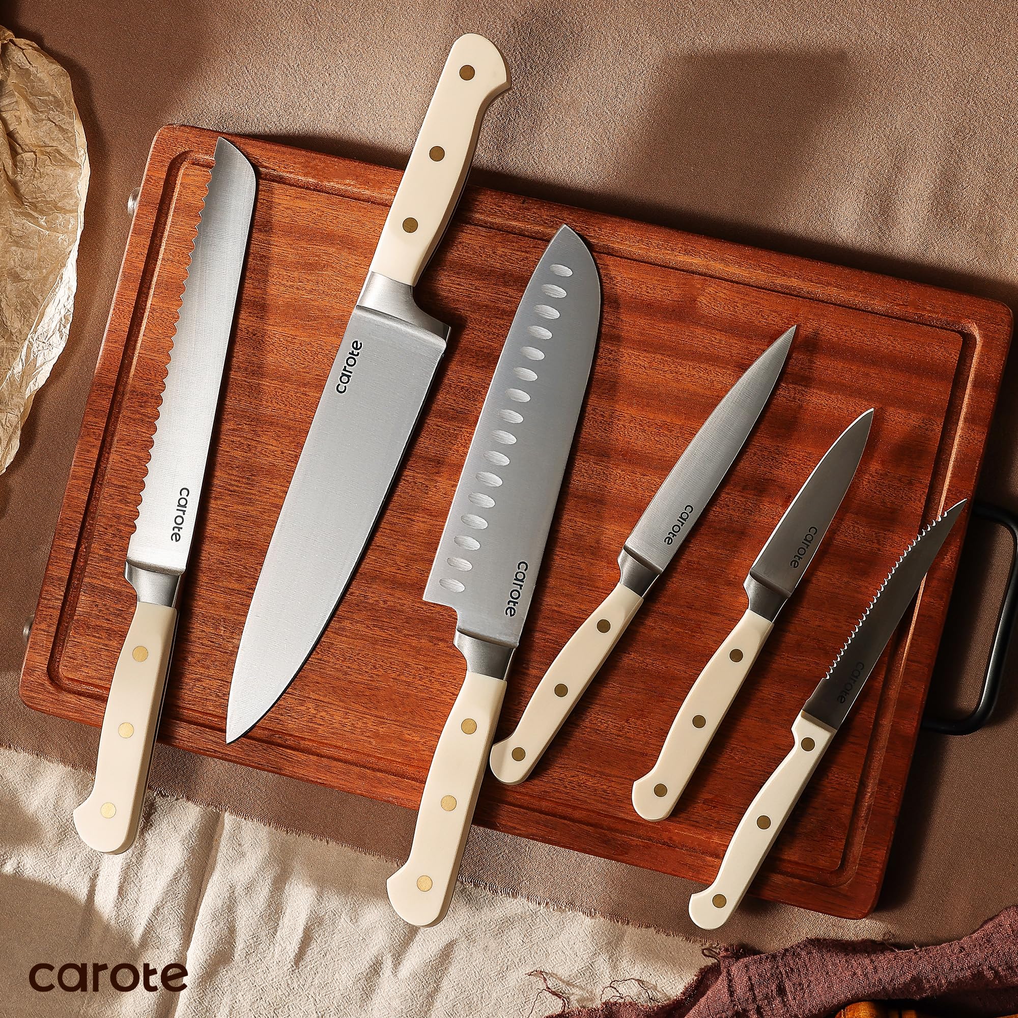 CAROTE 15Piece Knife Set, Kitchen Knife Block Set, Elegant White Ceramic-Coated Blades with Stylish Wooden Block for Modern Culinary Excellence
